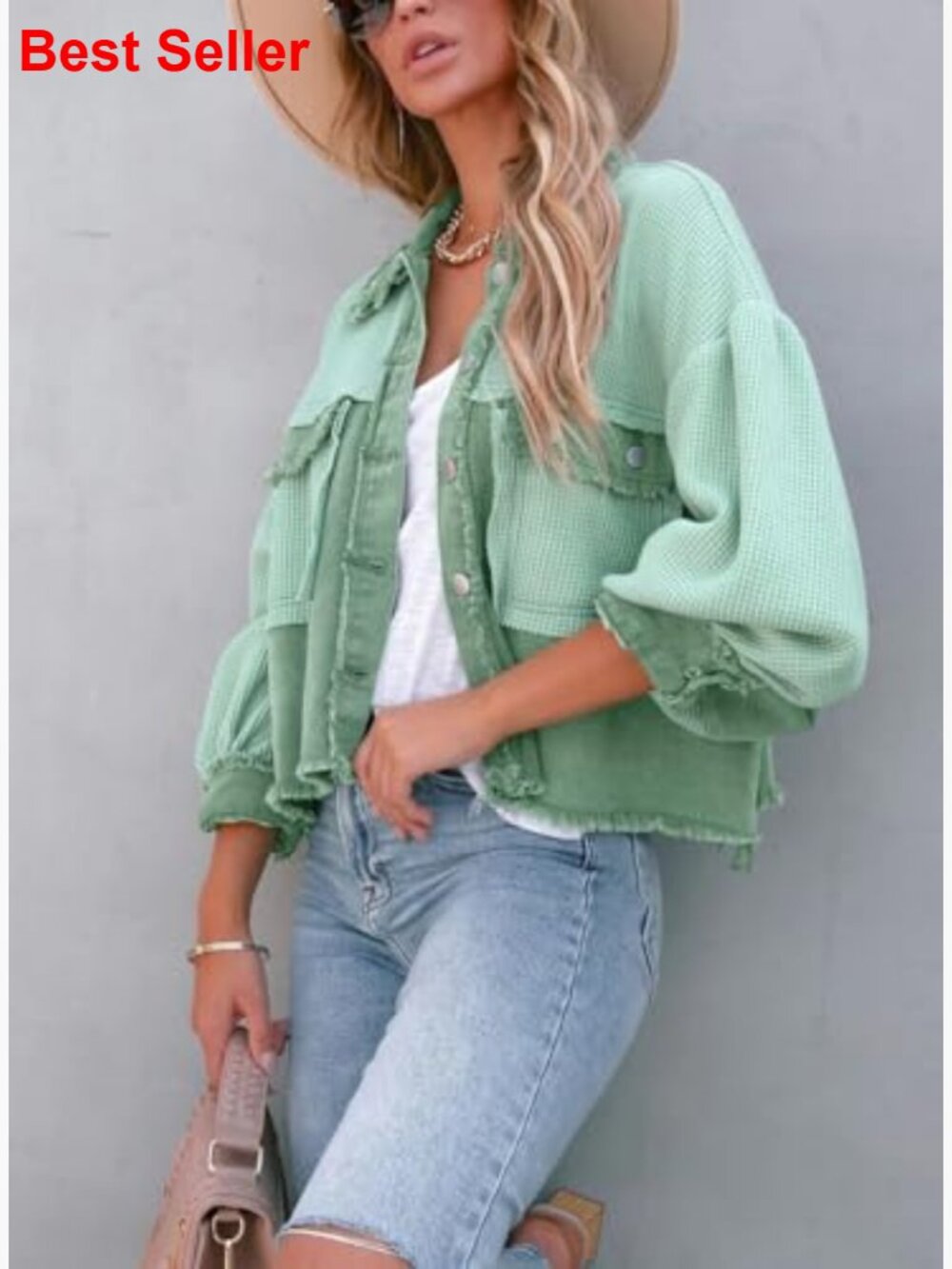 Cropped Waffle Knit Button Down Shirt Jacket Shacket - Picture 3 of 5